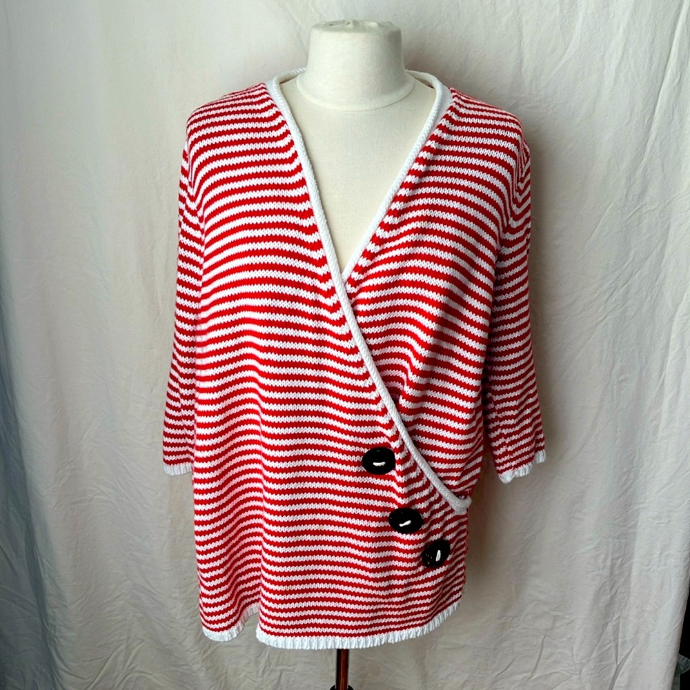 Pure & Co. L/XL Brick Red Striped V-Neck Faux Wrap 100% Cotton Sweater w/ Wooden